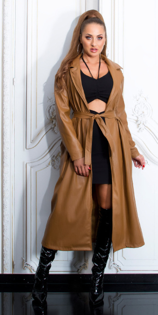 Faux Leather Coat with Belt Brown